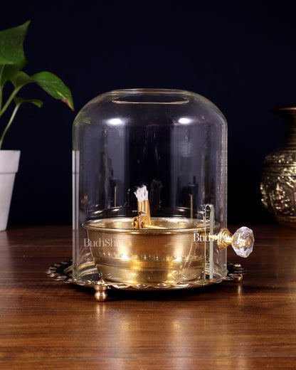 Pure Brass Akhand Diya with Glass Cover & Adjustable Baati - Budhshiv.com
