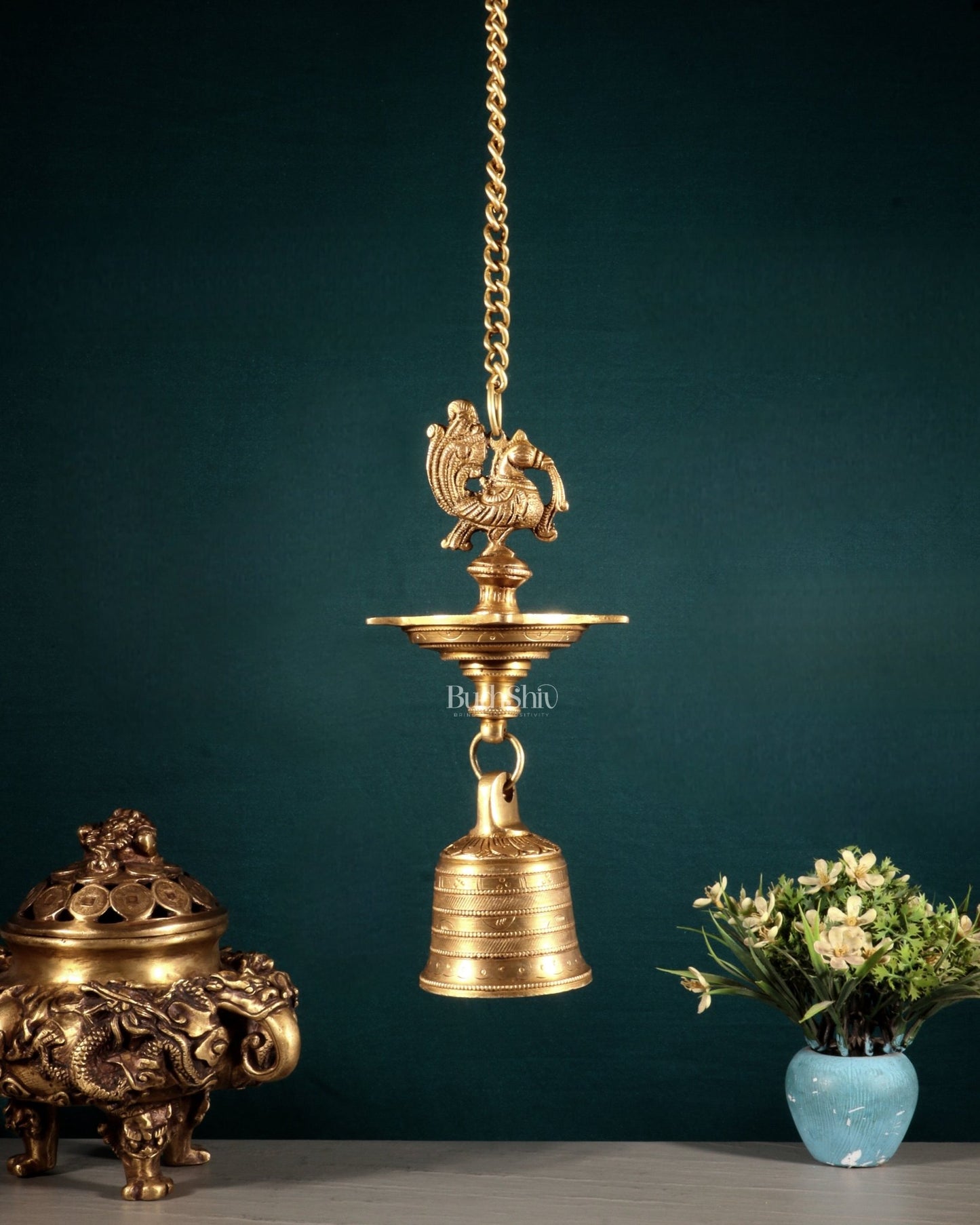 Pure Brass Annam Pakshi Hanging Oil Lamp with Bell - Budhshiv.com