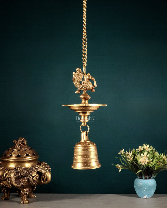Pure Brass Annam Pakshi Hanging Oil Lamp with Bell - Budhshiv.com
