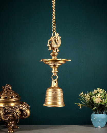Pure Brass Annam Pakshi Hanging Oil Lamp with Bell - Budhshiv.com