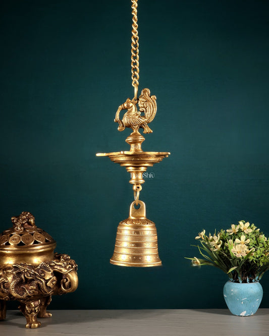 Pure Brass Annam Pakshi Hanging Oil Lamp with Bell - Budhshiv.com