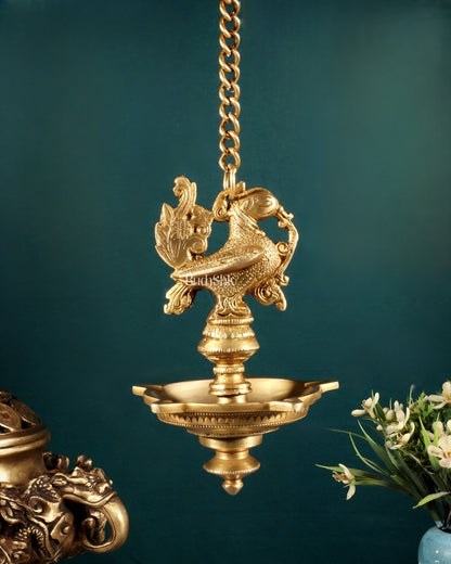 Pure Brass Annam Pakshi Peacock Hanging Oil Lamp Diya – Intricately Crafted - Budhshiv.com
