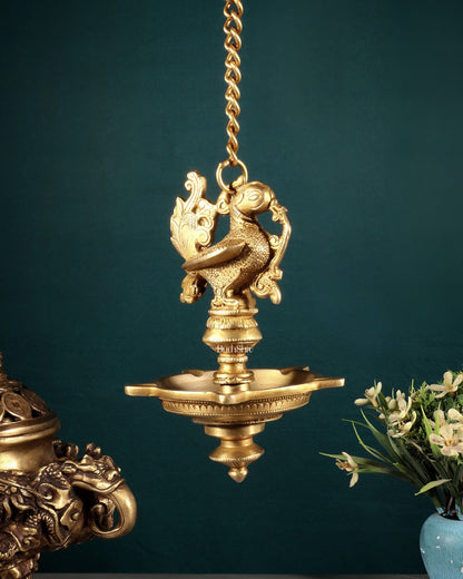 Pure Brass Annam Pakshi Peacock Hanging Oil Lamp Diya – Intricately Crafted - Budhshiv.com