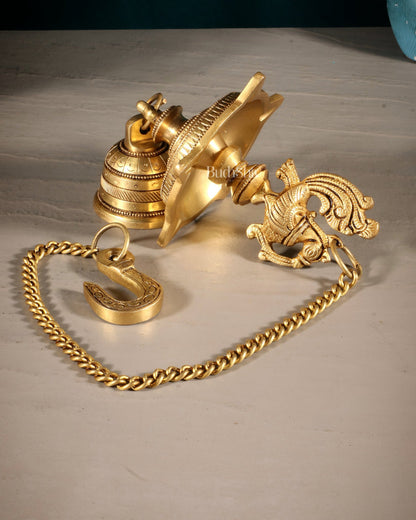 Pure Brass Annam Peacock Hanging Diya with Bell – Intricately Crafted - Budhshiv.com