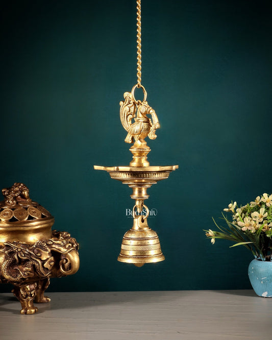 Pure Brass Annam Peacock Hanging Diya with Bell – Intricately Crafted - Budhshiv.com