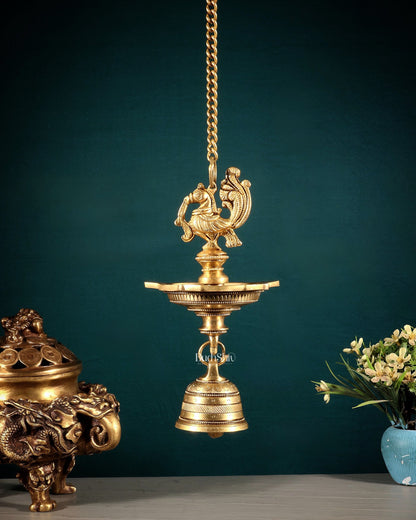 Pure Brass Annam Peacock Hanging Diya with Bell – Intricately Crafted - Budhshiv.com