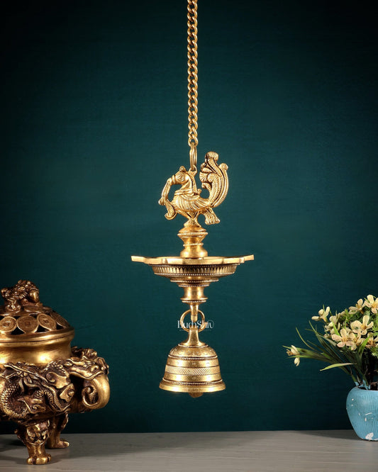 Pure Brass Annam Peacock Hanging Diya with Bell – Intricately Crafted - Budhshiv.com