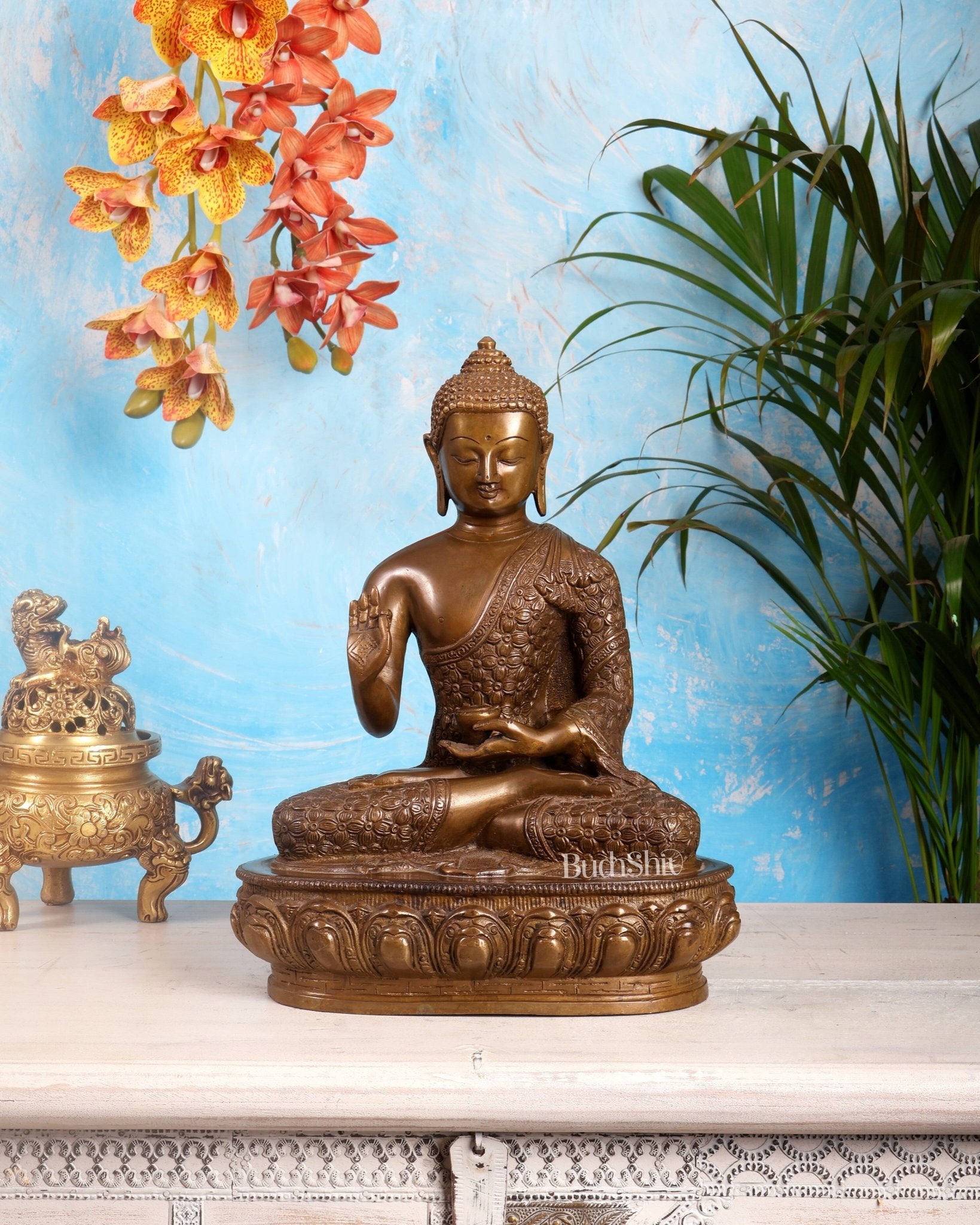 Pure Brass Antique Buddha Blessing Statue - 13.5" thick Copper tone - Budhshiv.com