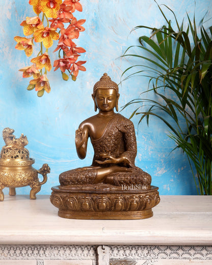 Pure Brass Antique Buddha Blessing Statue - 13.5" thick Copper tone - Budhshiv.com