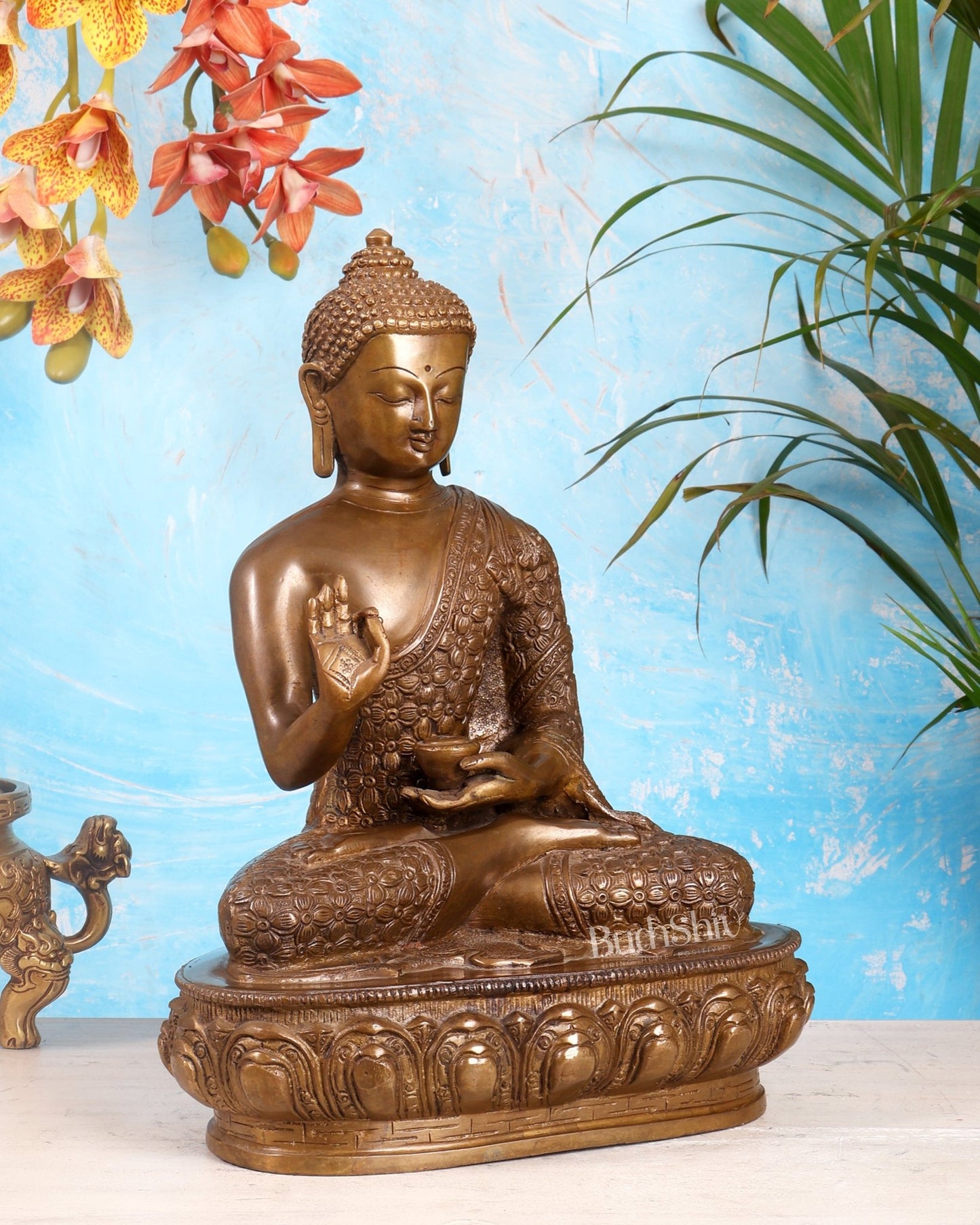 Pure Brass Antique Buddha Blessing Statue - 13.5" thick Copper tone - Budhshiv.com