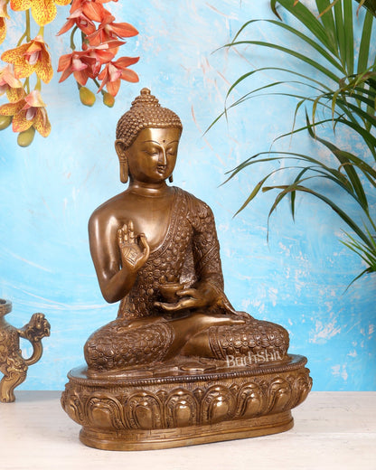 Pure Brass Antique Buddha Blessing Statue - 13.5" thick Copper tone - Budhshiv.com