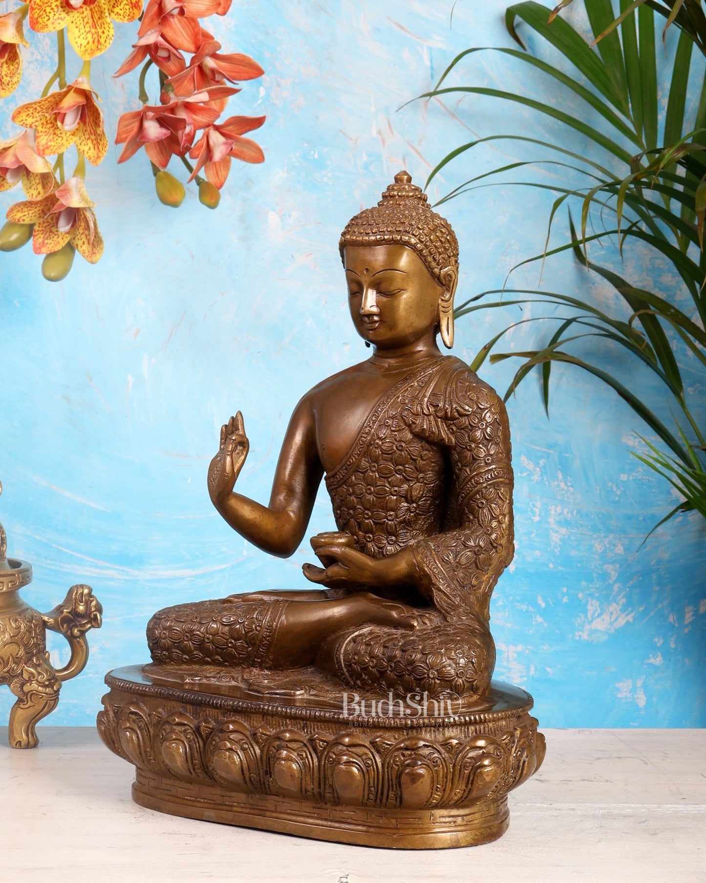 Pure Brass Antique Buddha Blessing Statue - 13.5" thick Copper tone - Budhshiv.com