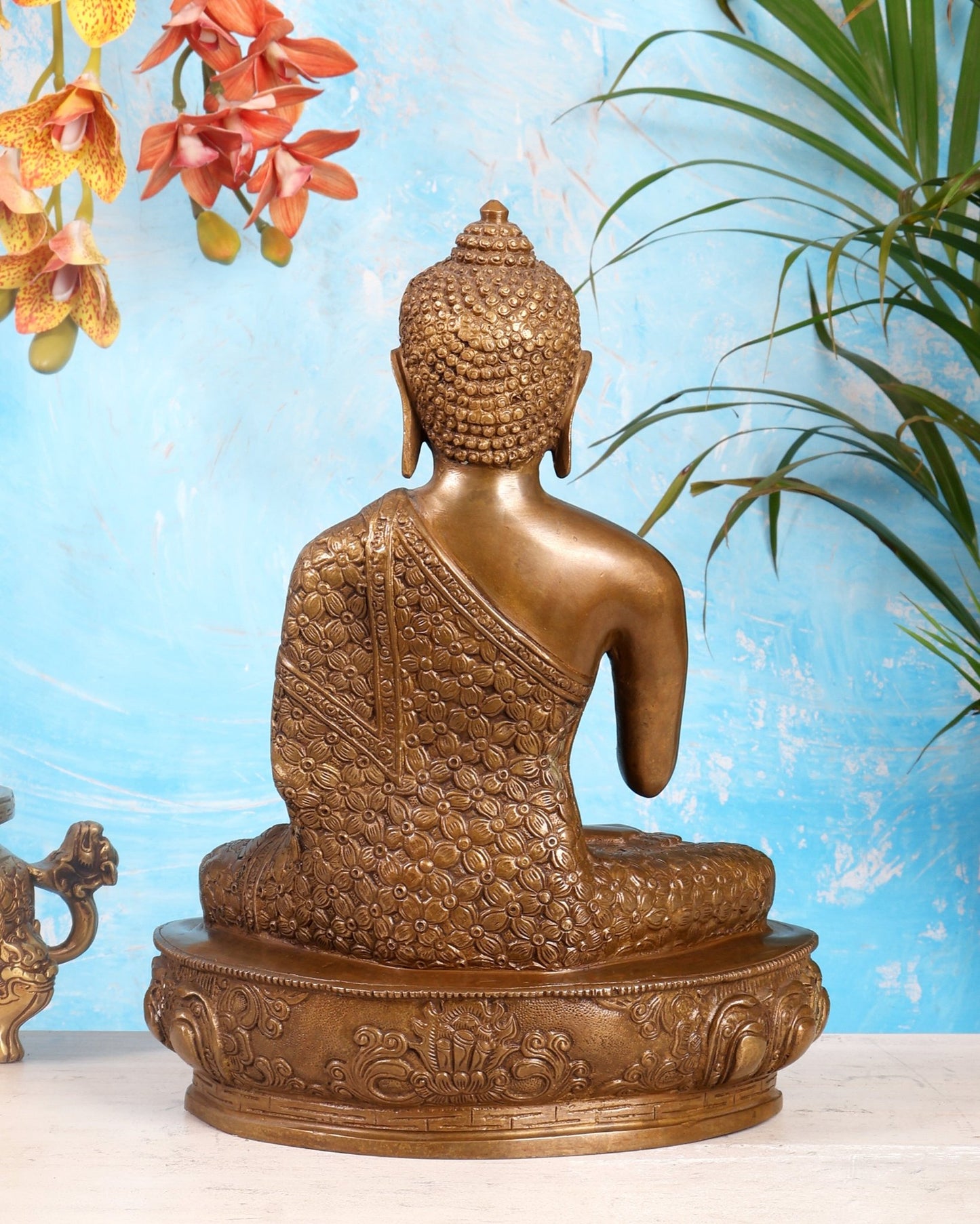 Pure Brass Antique Buddha Blessing Statue - 13.5" thick Copper tone - Budhshiv.com
