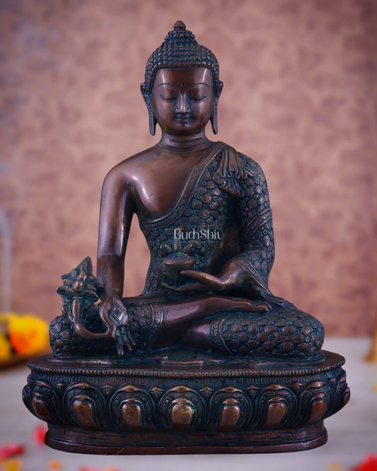 Pure Brass Antique Buddha medicine Statue - 13.5" Height - Budhshiv.com