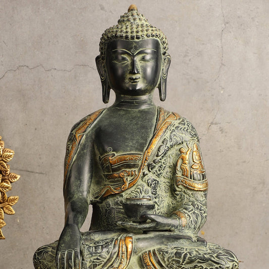 Pure Brass Antique Sand Finish Buddha life - story Sculpture - 15.5" Height - Budhshiv.com