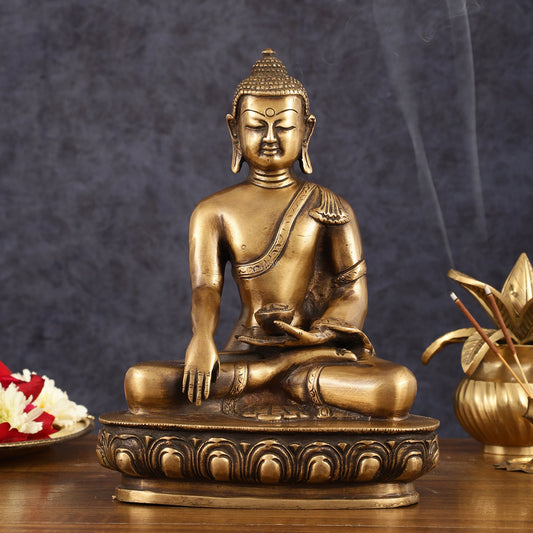 Pure Brass Antique Tone Buddha Statue with Hand Down - 9.5" Height - Budhshiv.com