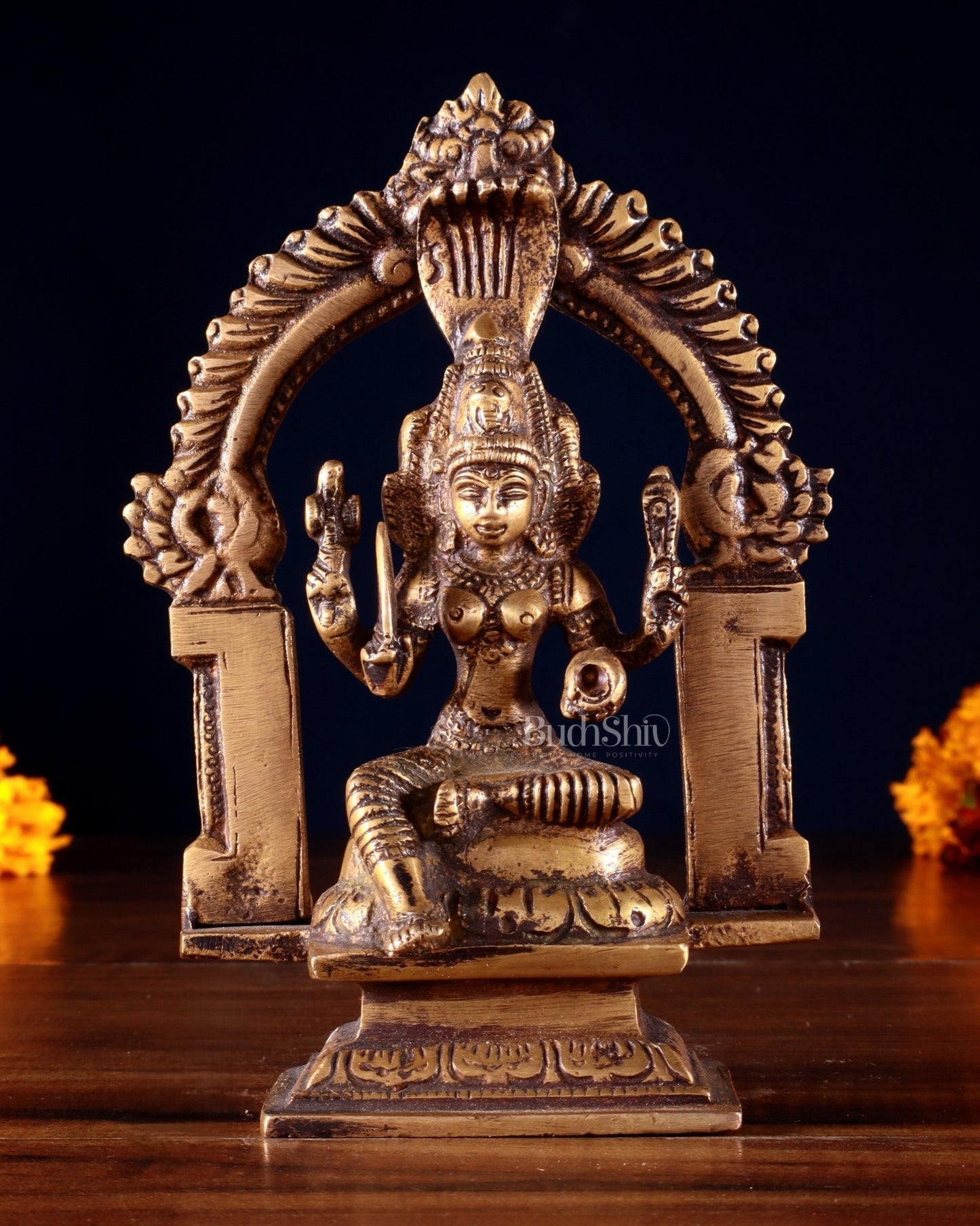 Pure Brass Antique tone Goddess Mariamman Idol with Prabhavali (Small Size) 5" - Budhshiv.com