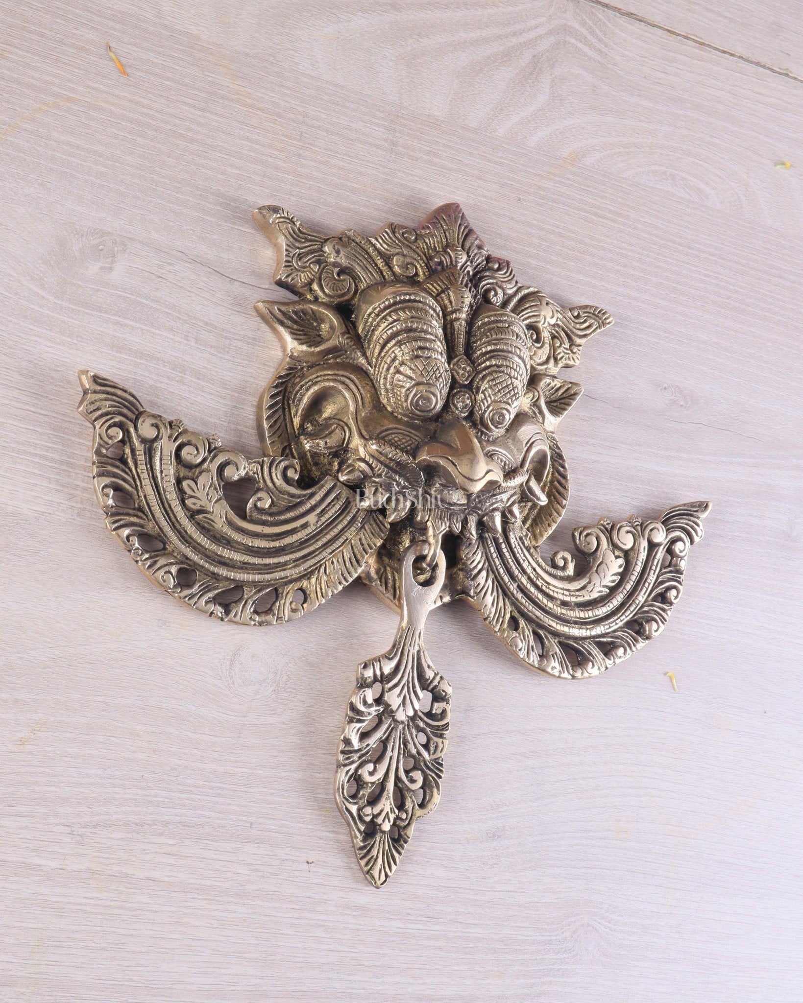 Pure Brass antique tone Kirtimukha Yali Wall Hanging - 11" Height - Budhshiv.com