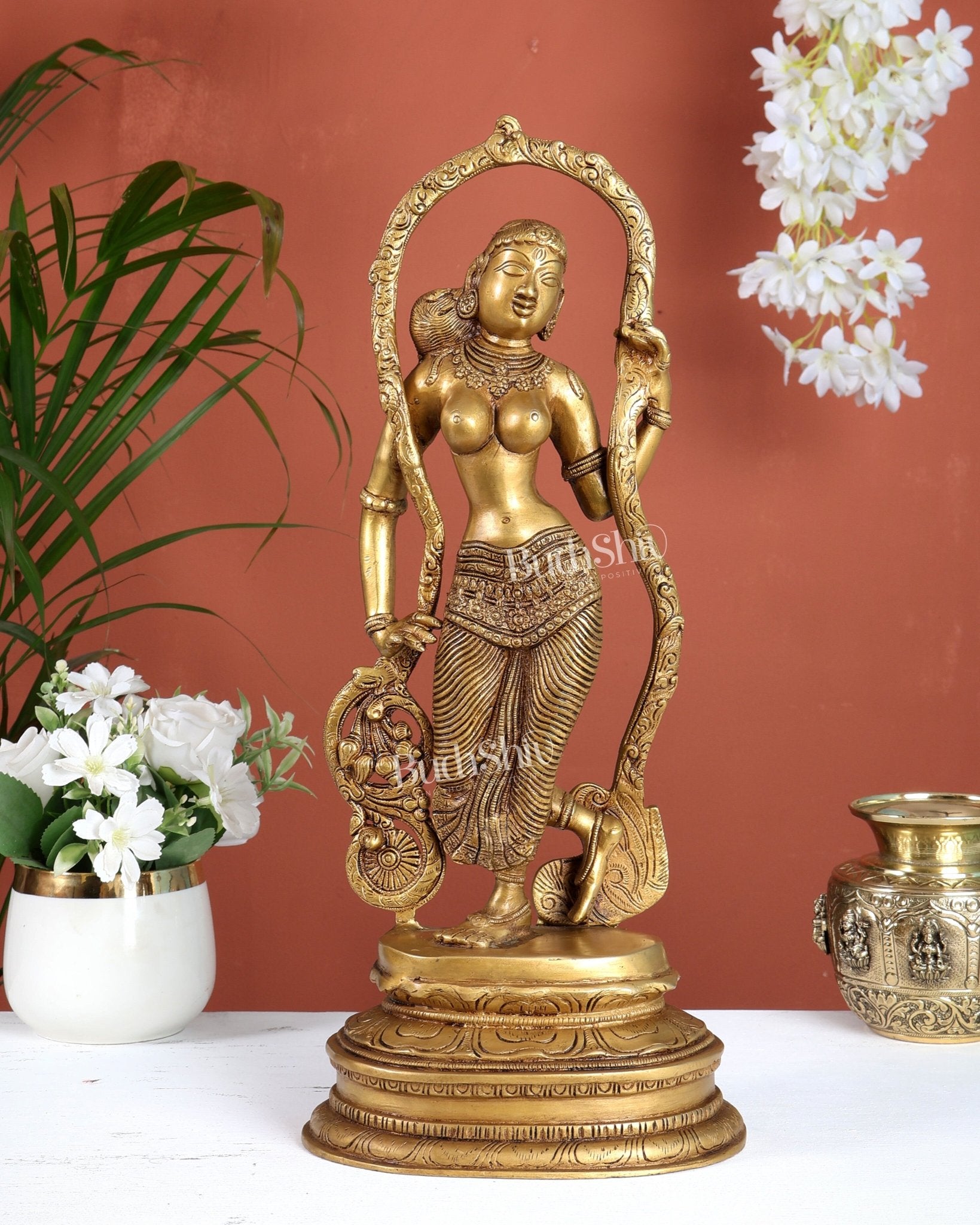Pure Brass Apsara Lady Statue – Ajanta Inspired, 16.5 Inch - Budhshiv.com