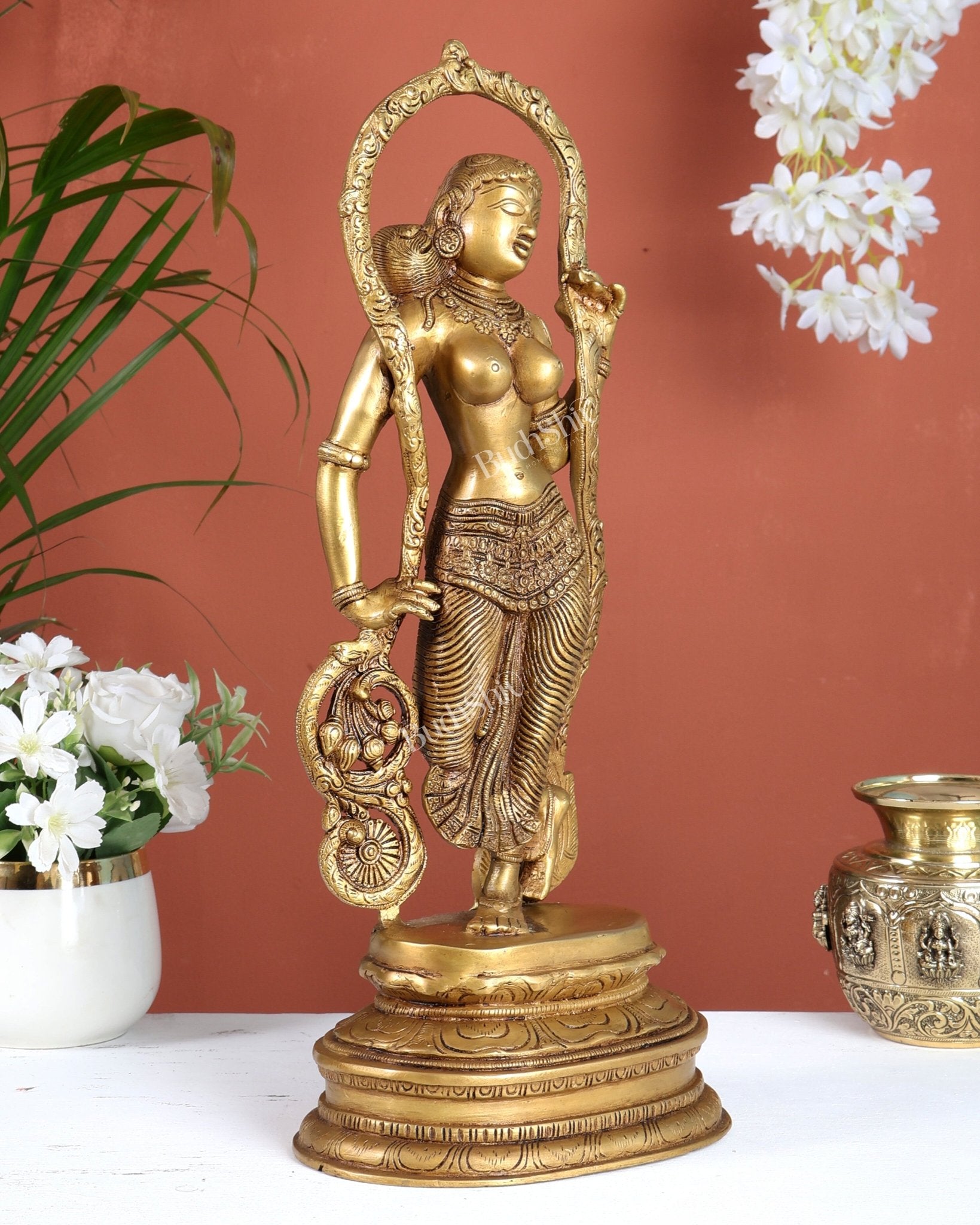 Pure Brass Apsara Lady Statue – Ajanta Inspired, 16.5 Inch - Budhshiv.com