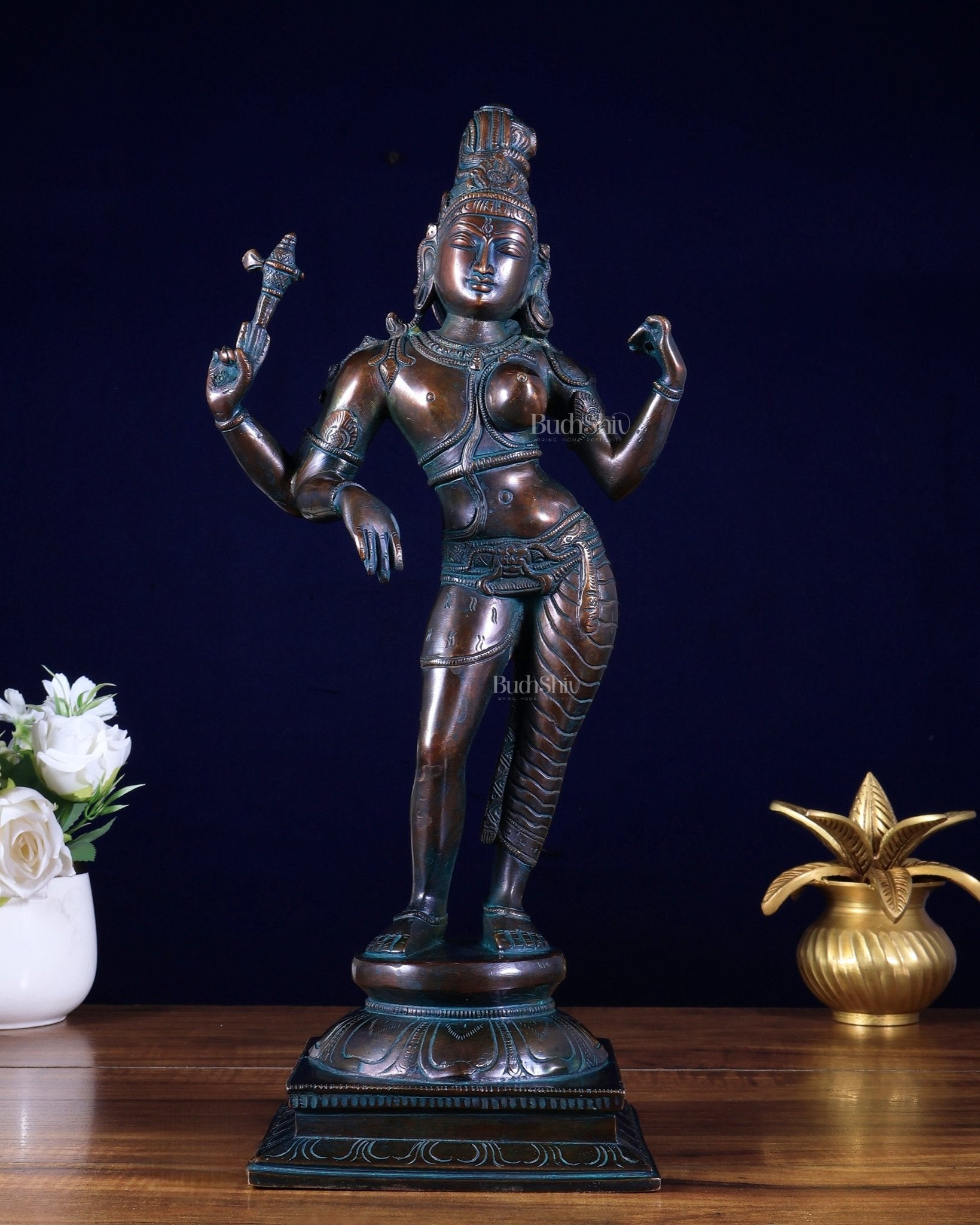 Pure Brass Ardhanarishwara Shiv Parvati Sculpture - 15.2 inch antique bronze tone - Budhshiv.com
