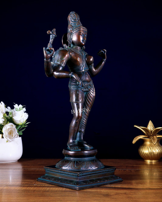 Pure Brass Ardhanarishwara Shiv Parvati Sculpture - 15.2 inch antique bronze tone - Budhshiv.com