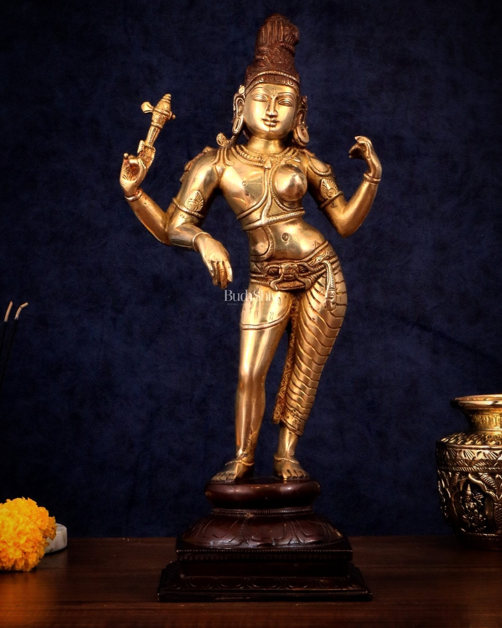 Pure Brass Ardhanarishwara Shiv Parvati Sculpture - 15.2 inch - Budhshiv.com