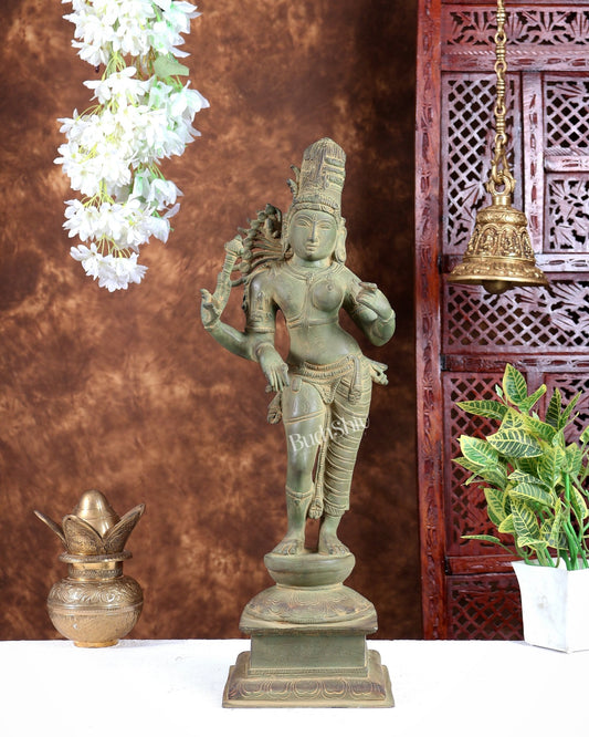Pure Brass Ardhanarishwara statue green patina, 20.8 - Budhshiv.com