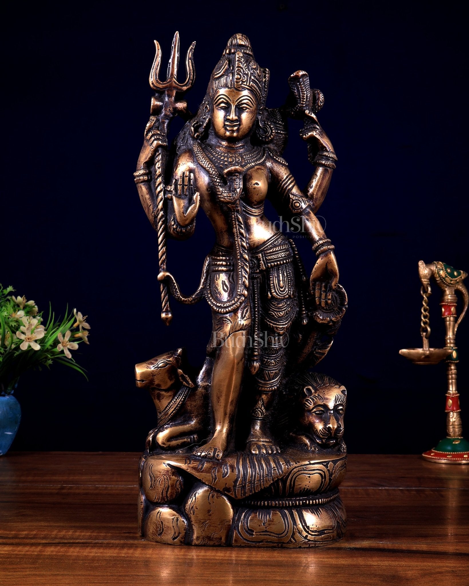 Pure Brass Ardhanishvara Idol in Natural Antique Tone 13 inch - Budhshiv.com