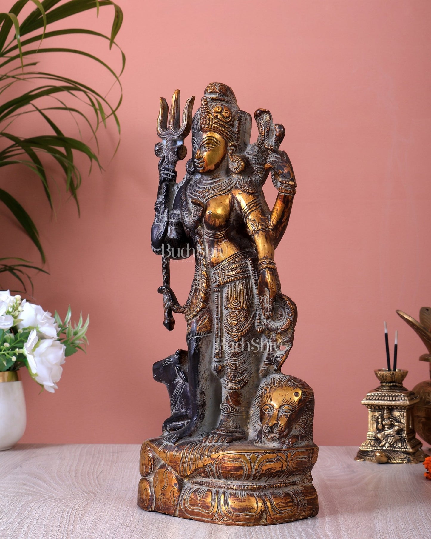 Pure Brass Ardhanishvara Idol vintage patina 13 inch - Budhshiv.com