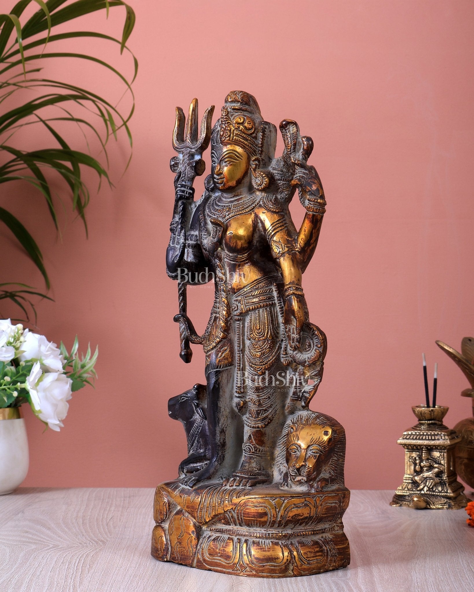 Pure Brass Ardhanishvara Idol vintage patina 13 inch - Budhshiv.com
