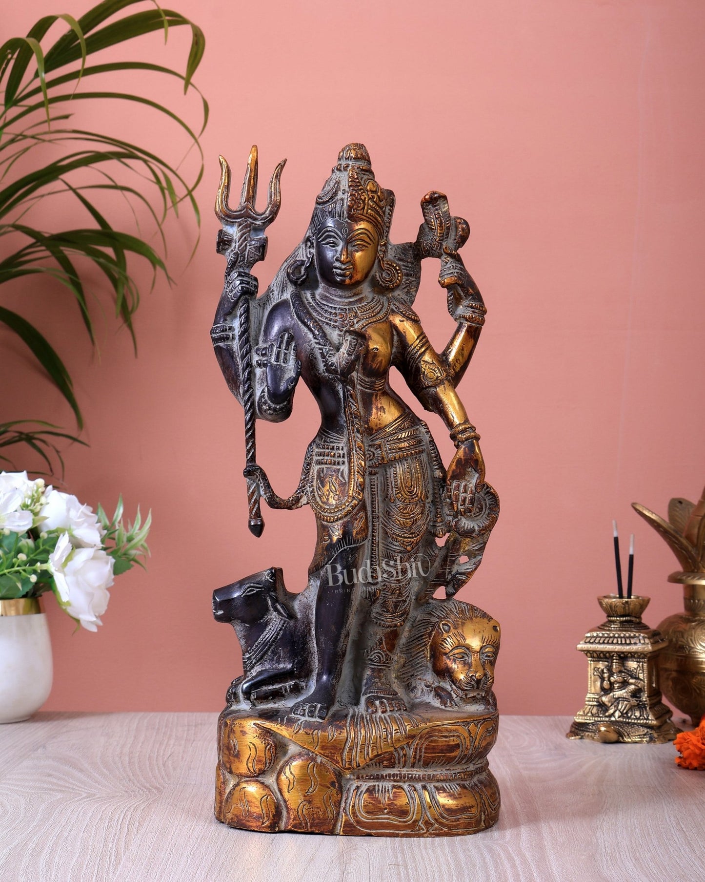 Pure Brass Ardhanishvara Idol vintage patina 13 inch - Budhshiv.com