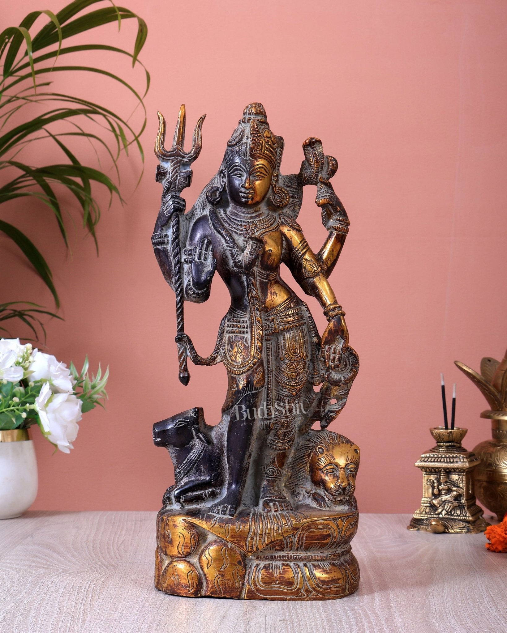 Pure Brass Ardhanishvara Idol vintage patina 13 inch - Budhshiv.com