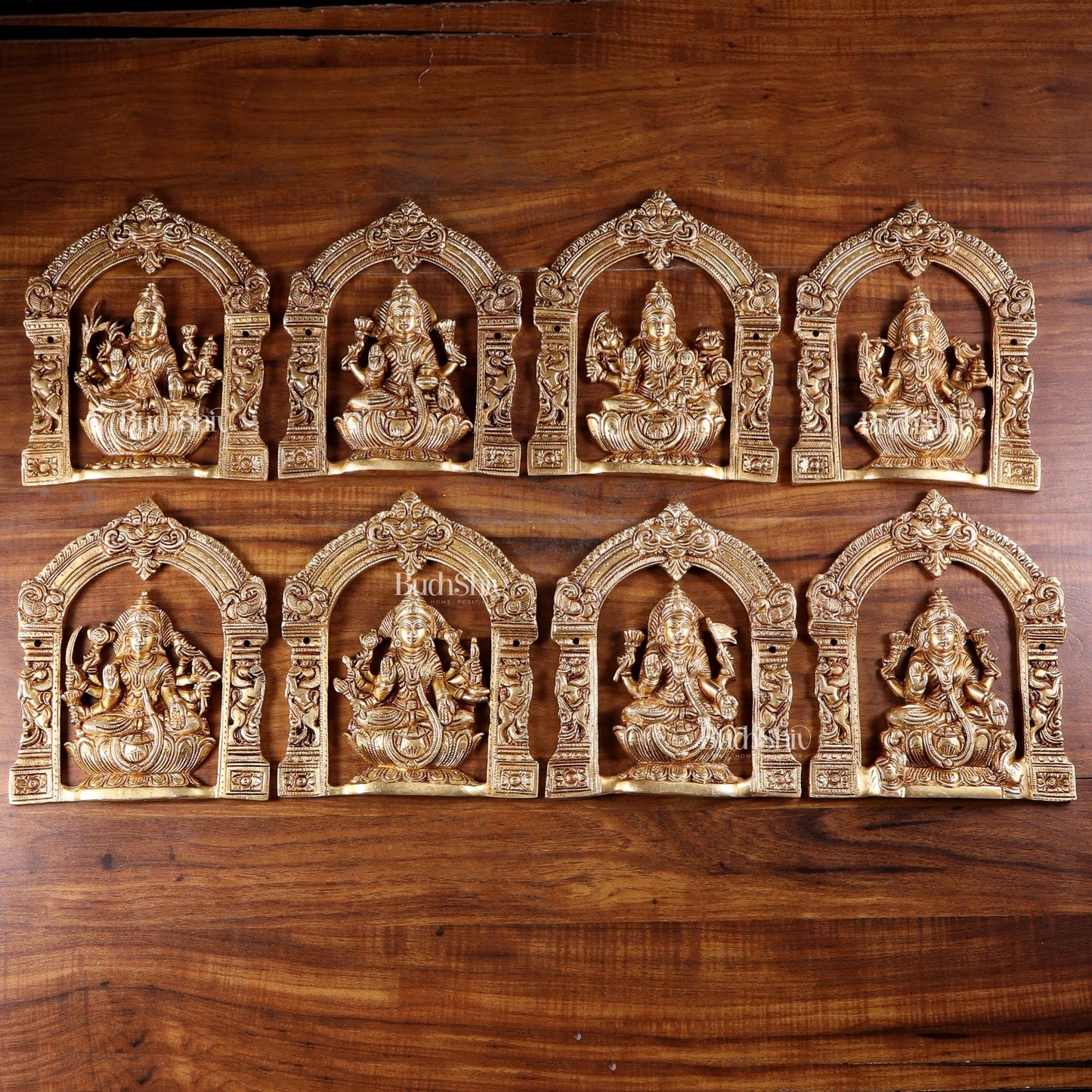 Pure Brass Ashtalakshmi Wall Hanging Set with Prabhavali for wall hangings – 9" Height - Budhshiv.com