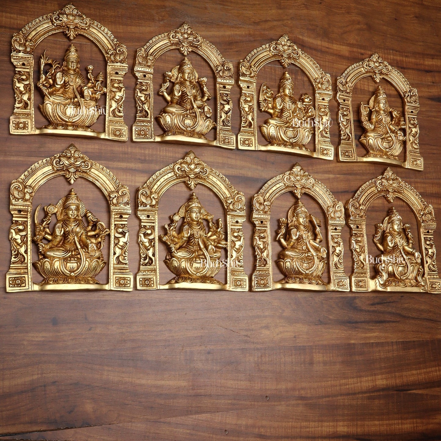 Pure Brass Ashtalakshmi Wall Hanging Set with Prabhavali for wall hangings – 9" Height - Budhshiv.com