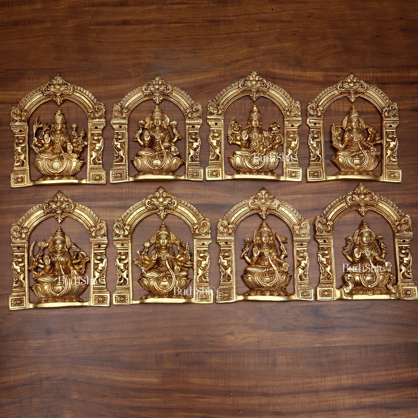 Pure Brass Ashtalakshmi Wall Hanging Set with Prabhavali for wall hangings – 9" Height - Budhshiv.com