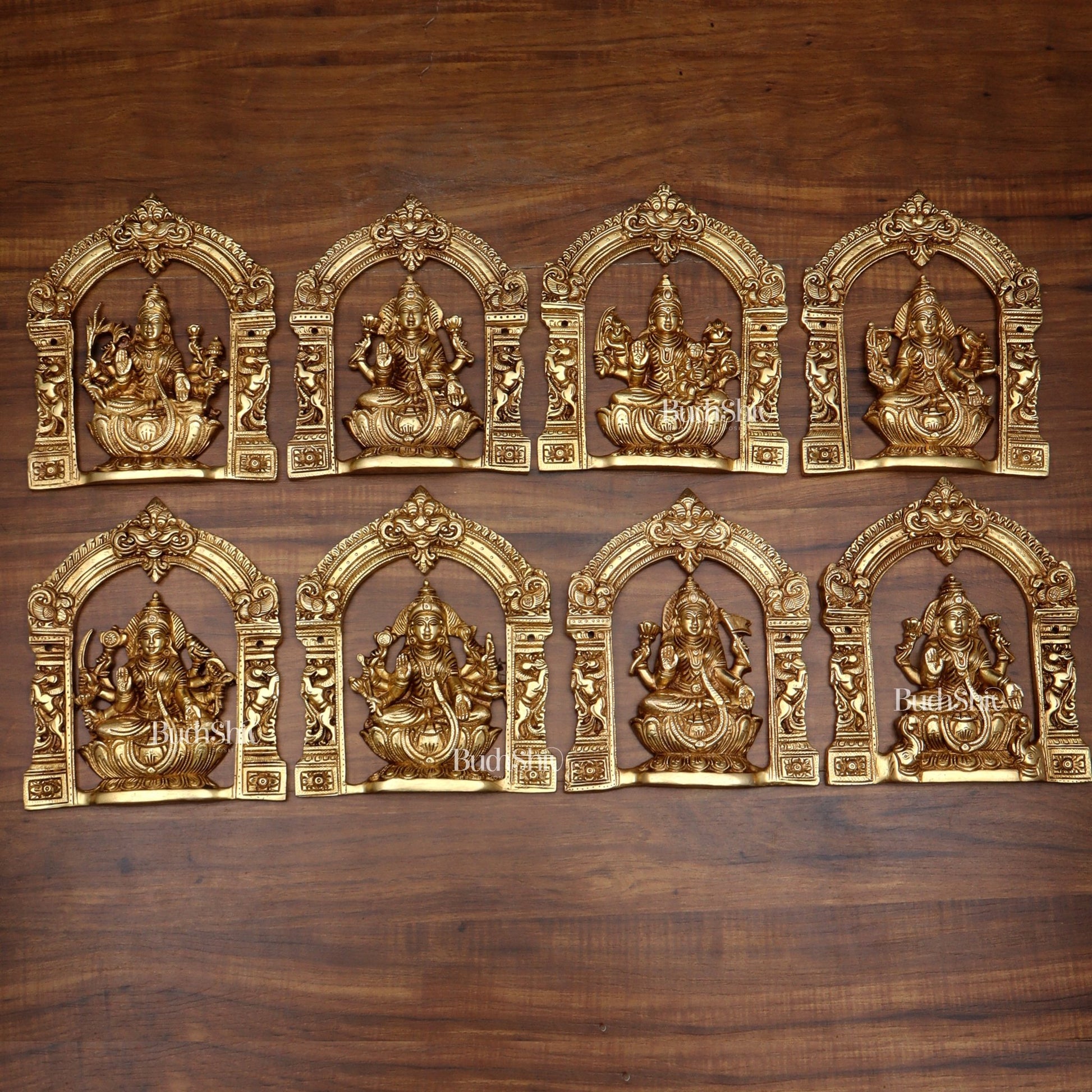 Pure Brass Ashtalakshmi Wall Hanging Set with Prabhavali for wall hangings – 9" Height - Budhshiv.com