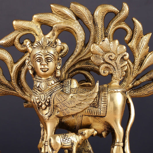 Pure Brass Auspicious Kamdhenu Cow with Kalpavriksha Idol - 7.5" - Budhshiv.com