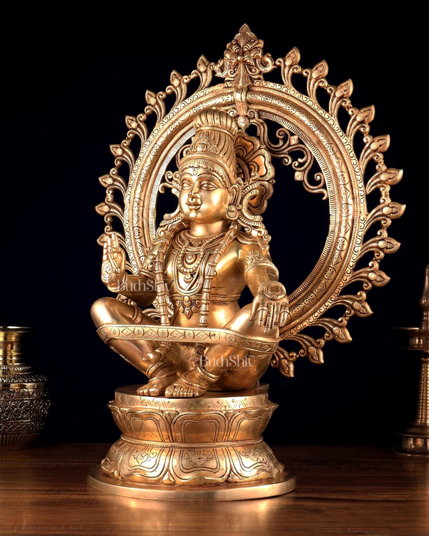 Pure Brass Ayyappa Swamy Statue with Prabhavali 23.5 inch - Budhshiv.com