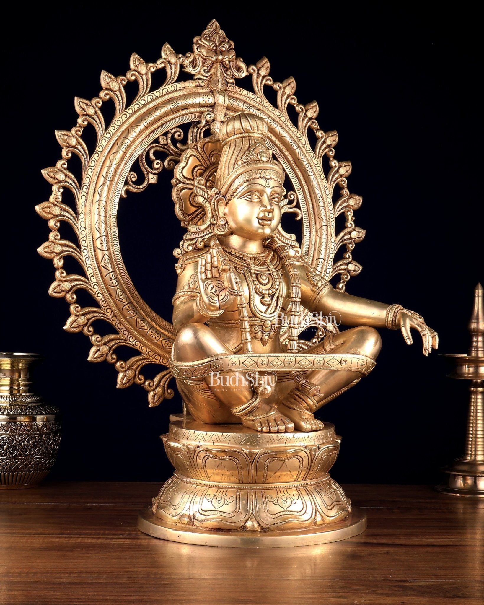 Pure Brass Ayyappa Swamy Statue with Prabhavali 23.5 inch - Budhshiv.com