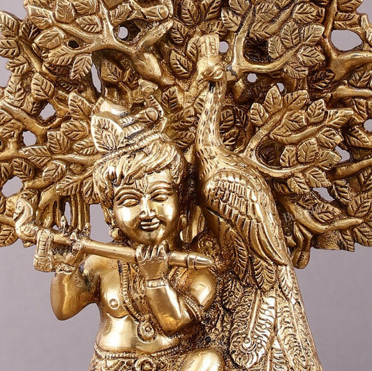 Pure Brass Baal Gopal Krishna Playing Flute Under Tree with Peacock - Unique Idol - Budhshiv.com
