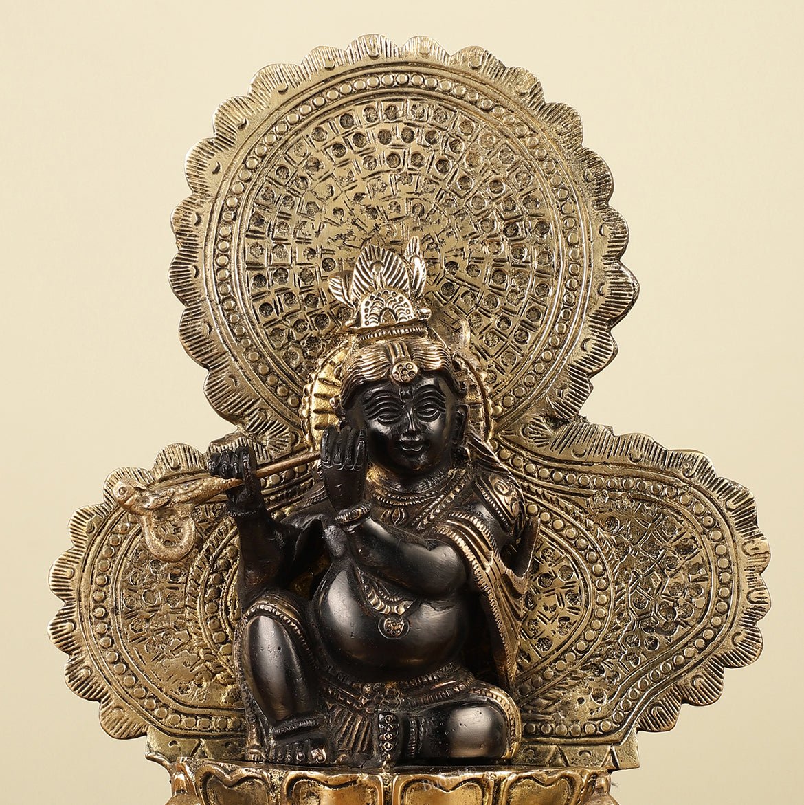 Pure Brass Baal Krishna with Peacocks Idol 11 inch - Budhshiv.com