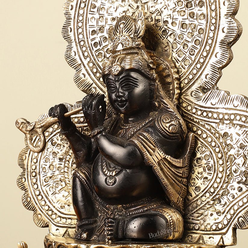 Pure Brass Baal Krishna with Peacocks Idol 11 inch - Budhshiv.com