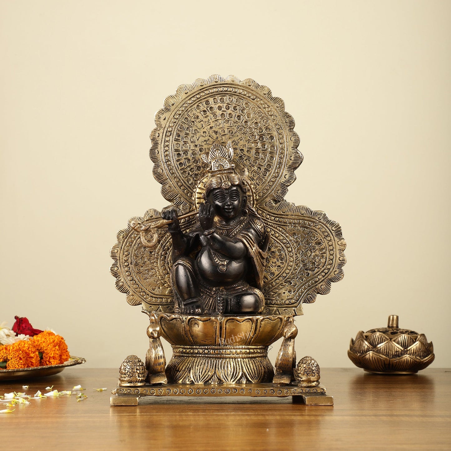 Pure Brass Baal Krishna with Peacocks Idol 11 inch - Budhshiv.com