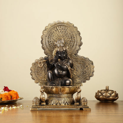 Pure Brass Baal Krishna with Peacocks Idol 11 inch - Budhshiv.com