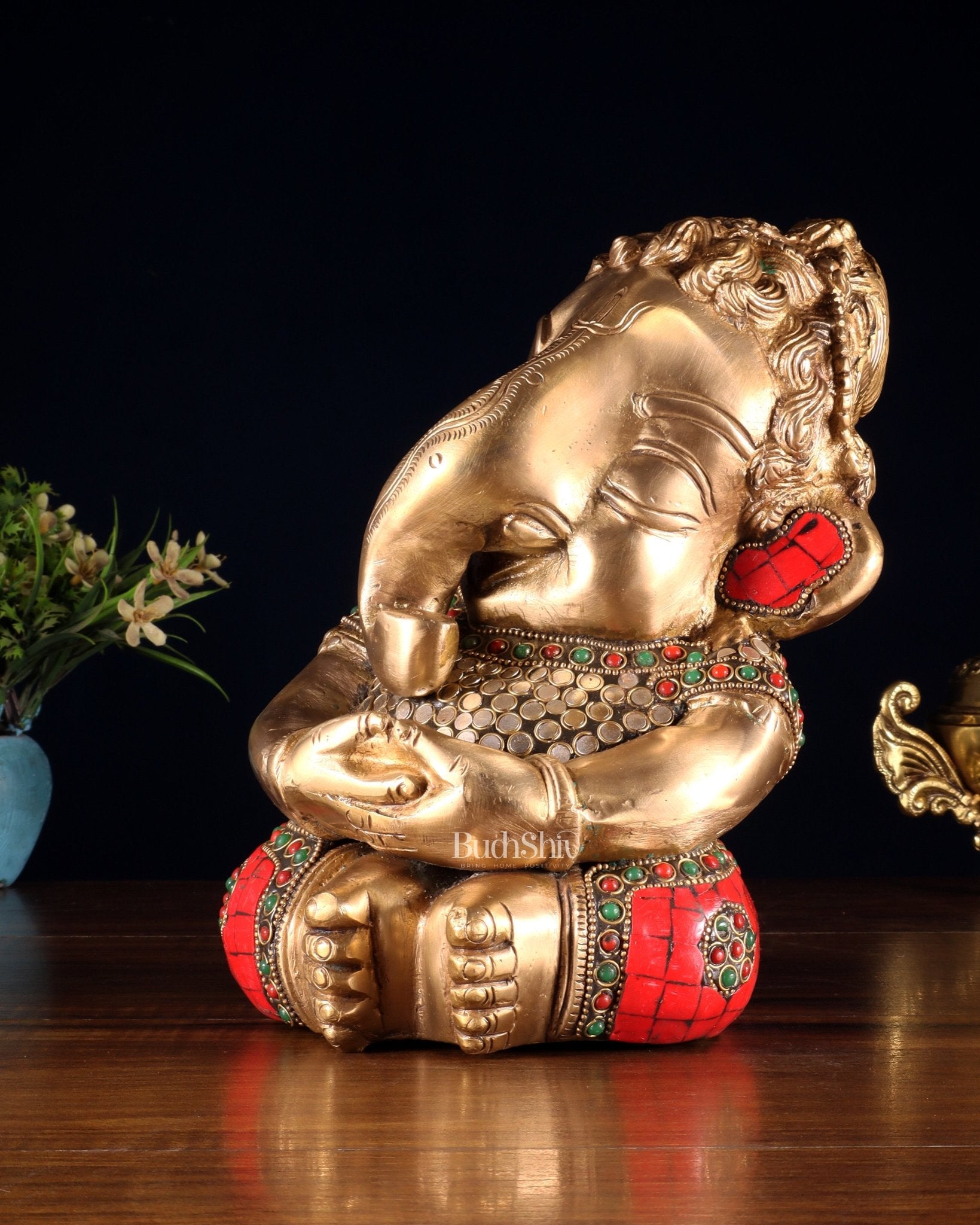 Pure Brass Baby Ganesha in Meditation with Natural Stones – 9" - Budhshiv.com