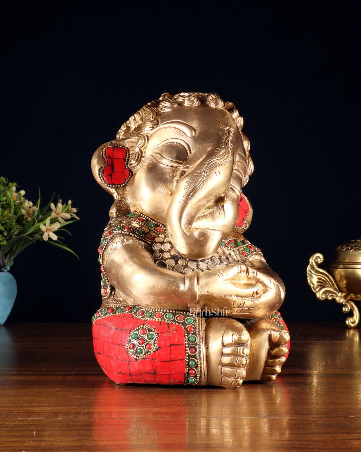 Pure Brass Baby Ganesha in Meditation with Natural Stones – 9" - Budhshiv.com