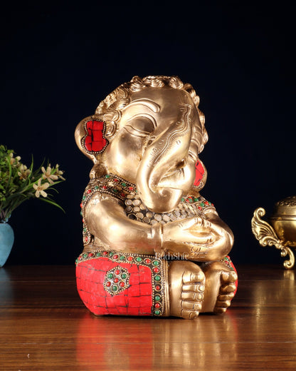 Pure Brass Baby Ganesha in Meditation with Natural Stones – 9" - Budhshiv.com