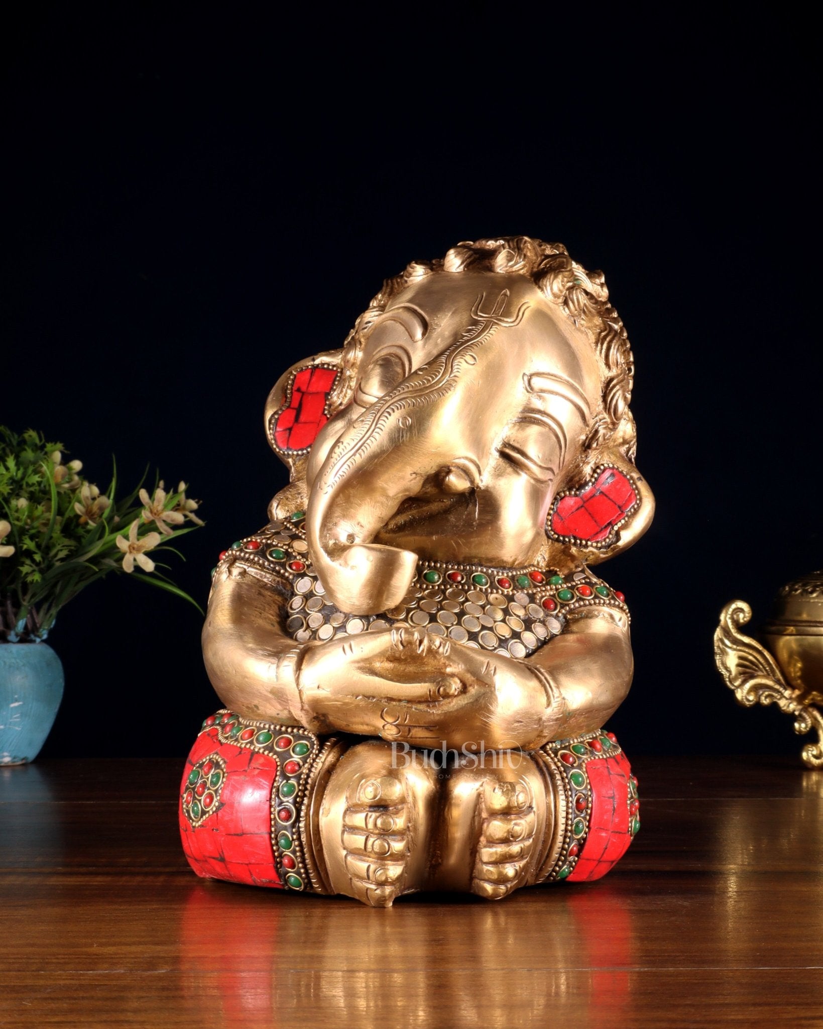 Pure Brass Baby Ganesha in Meditation with Natural Stones – 9" - Budhshiv.com
