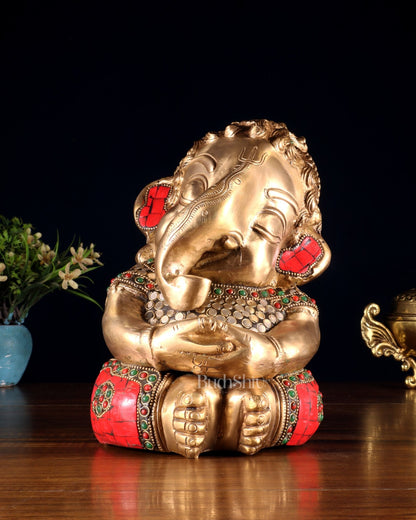 Pure Brass Baby Ganesha in Meditation with Natural Stones – 9" - Budhshiv.com
